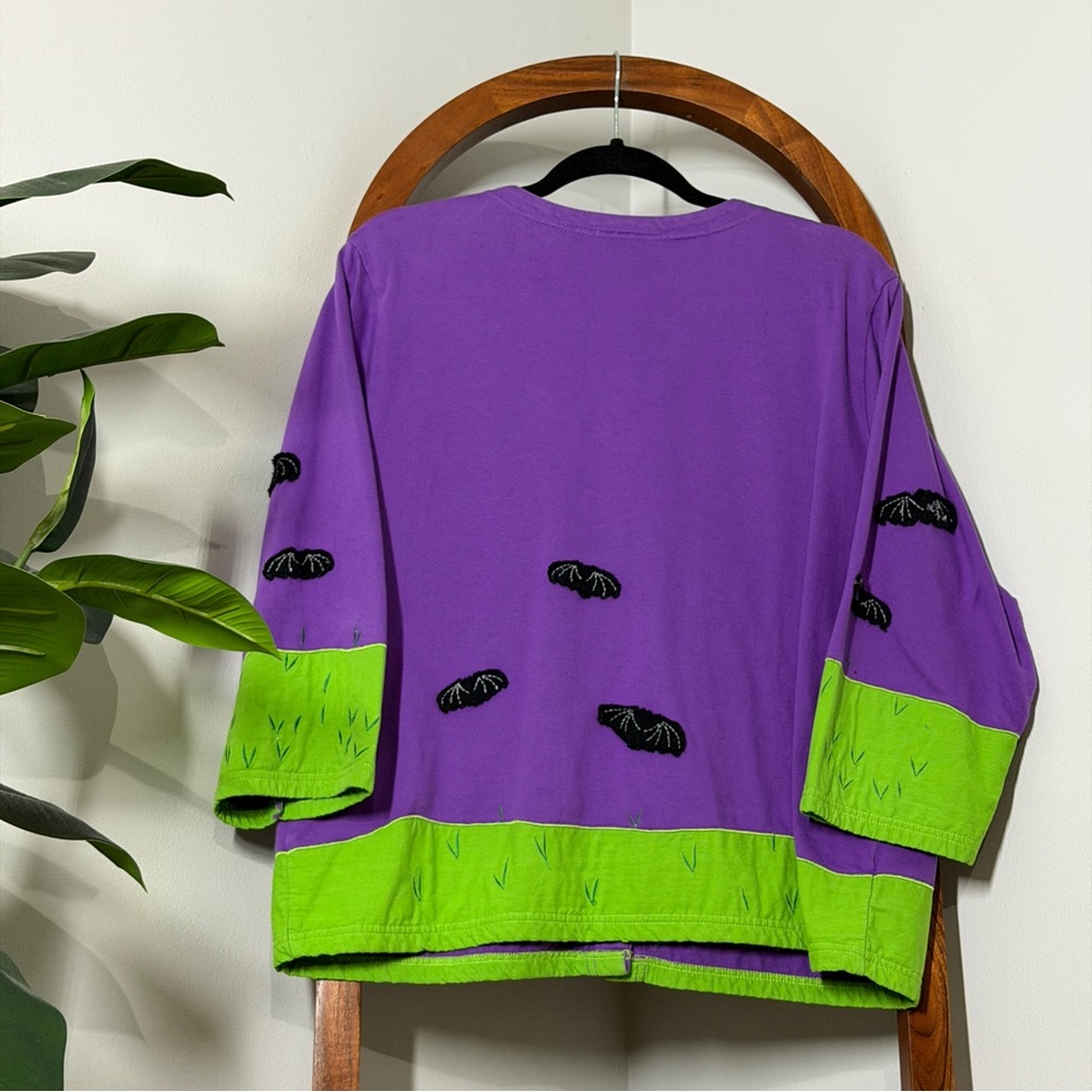 Vintage Michael Simon XL Purple Green Embroidered Halloween Bat Cardigan Sweater - Picture 3 of 9